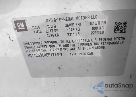 2014 Chevrolet Malibu 1Lt z USA, uszkodzony, nr VIN 1G11C5SL4EF171461